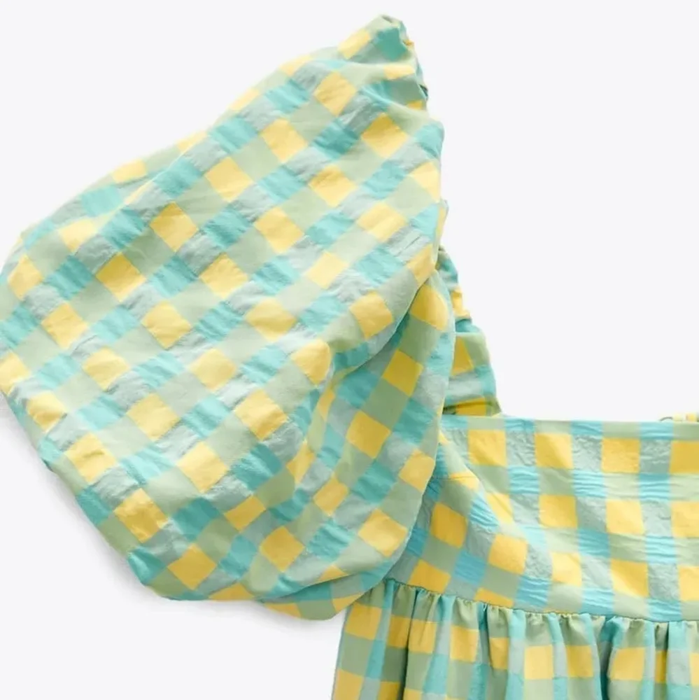 Zara Long Check Print Dress Panelled Puff Sleeve Green Yellow Blue - Medium - Picture 2 of 11